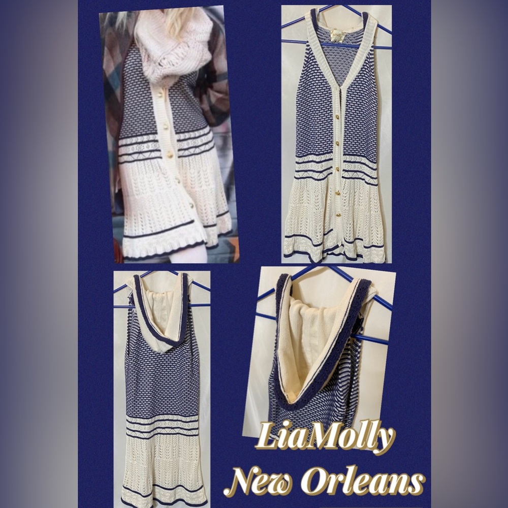 Anthropologie LiaMolly New Orleans Cream Blue Hooded Sweater Cardigan/Dress